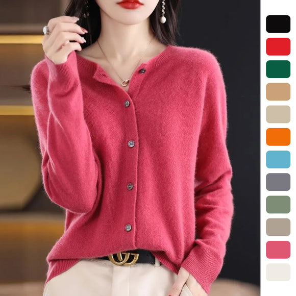 Fashion Merino Wool Cardigan Sweater, Women's O-neck Long-sleeve Cashmere Knitwear, Spring Autumn Female Clothing Tops