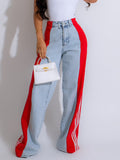 2024 Fashion, Casual High Waist Elastic Straight Leg Trousers, Three Stripe Patchwork Denim Wide Leg Pants Streetwear