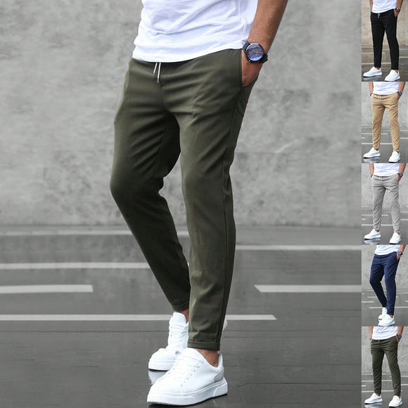 Men's Casual Pants with Pockets, Fashion Slim Fit Drawstring Trousers