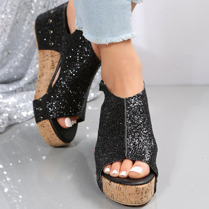 Summer Chunky Wedges Sandals, Fashion Sequins Velcro Shoes for Women