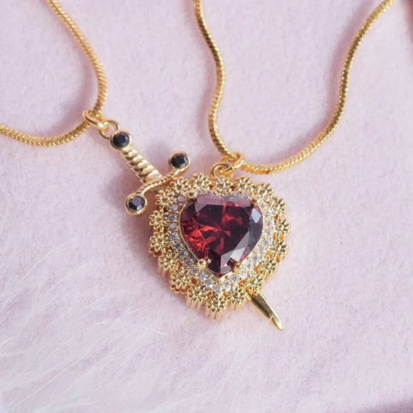 Gothic Punk One Arrow Through the Heart Creative Two Color Necklace, Red Rhinestone Heart Dagger Good Friend Gift Fashion Jewelry