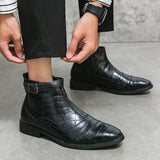 Men's Fashion Pointed Toe Low Square Heel Buckle Zipper Ankle Shoes, Business Formal Leather Boots