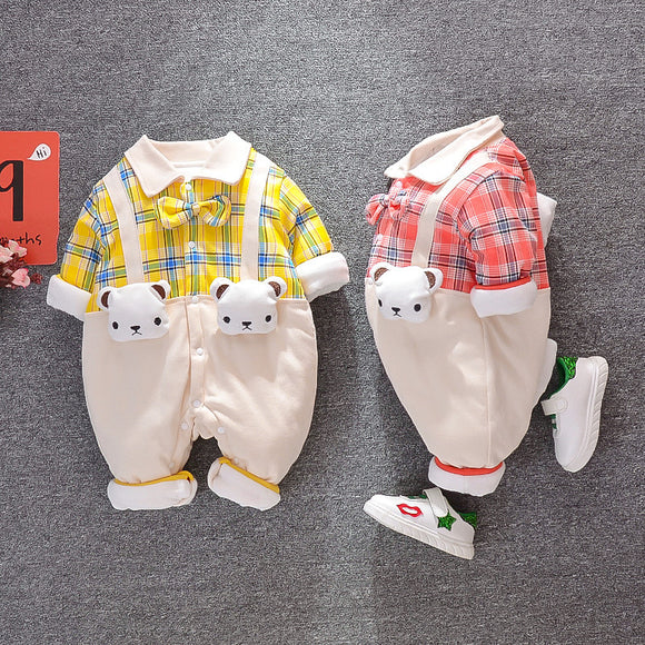 Check Panel Bodysuit, Plaid Bear Thin Cotton Romper