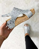 Summer Chunky Wedges Sandals, Fashion Sequins Velcro Shoes for Women