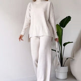 Turtleneck Knitted Suit, Loose Split Design Long-sleeved Top and Straight Trousers, Fashion Casual Solid Set, Women's Clothing