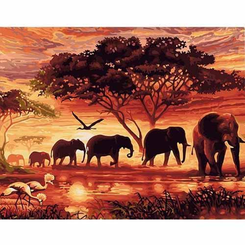 CHENISTORY Sunset Elephants Animals, DIY Painting by Numbers Modern Wall Art, Hand Painted Acrylic Picture for Home Decor