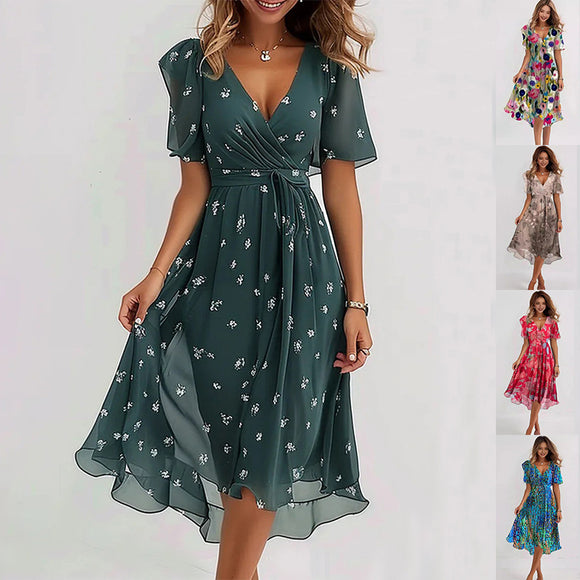 Chiffon Printed Short Sleeve Dress, Summer Elegant V-neck Frock, Women's Clothing