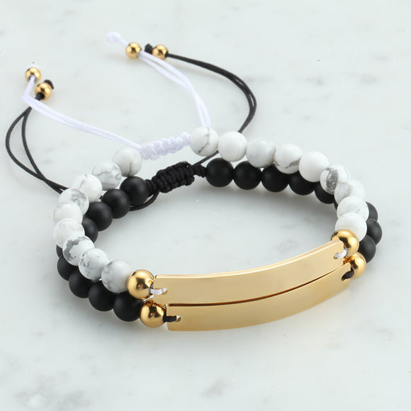 Beaded Adjustable Engraved Bar Bracelet