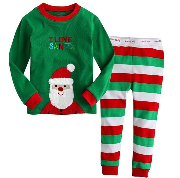 Children's Santa Claus Pattern Striped Long-sleeved and Trousers, Two-piece Home Pajamas Set