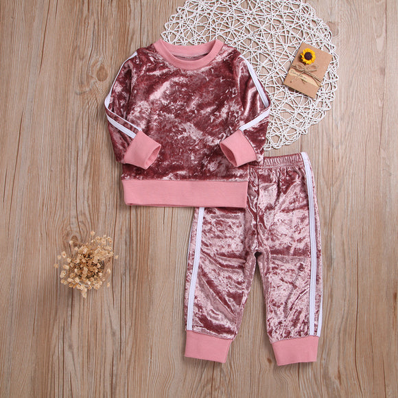 Breathable Clothes Set, Cute Fashion O-neck Long Sleeve Gold Velvet Sweatshirt Trousers, Baby Girls Tracksuit Sets