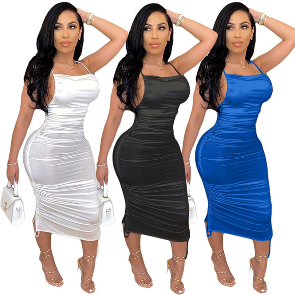 Women's Elastic Band Solid Color Halter Strap Dress