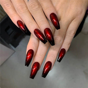 Red and Black Gradient Long Ballet Wear Nails, Finished Fake Nails, Nail Patch