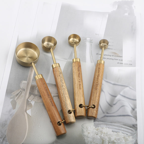 Jiusuo Copper Color, Wooden Handle Measuring Spoon, Four-piece Set of Stainless Steel Measuring Cup, Special for Baking