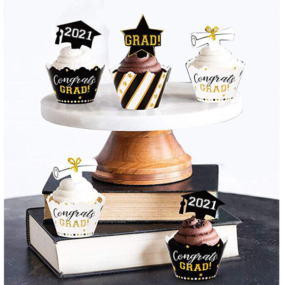 Black Gold Graduation Cake Cup, Circle Decoration, Party Supplies Set