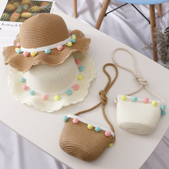 Small Ball, Solid Color, Children Straw, Hat Bag Set