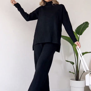 Turtleneck Knitted Suit, Loose Split Design Long-sleeved Top and Straight Trousers, Fashion Casual Solid Set, Women's Clothing