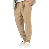 Men's Fashion, Plus Size Solid Color Casual Drawstring, Cotton Linen Trousers