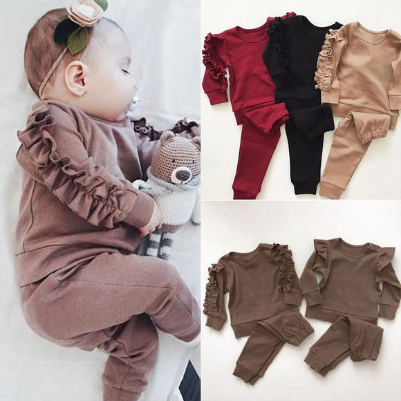 Newborn Baby Boys' Girls Ruffles Jumper, Solid Long Sleeve Sweatshirt Tops Pants, Infant Kids' 2 Pcs Outfits Clothes