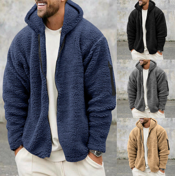 Plush Hooded Jacket, Men's Autumn and Winter Fleece Double-sided Wear, Warm Coat with Zipper, Loose Casual Jacket, Outdoor Clothing