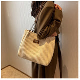 Retro Large Capacity Shoulder Bag, Casual Simple Portable Shopper Tote Bag, Corduroy Solid Commuter Zipper Women's Handbag