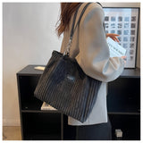 Retro Large Capacity Shoulder Bag, Casual Simple Portable Shopper Tote Bag, Corduroy Solid Commuter Zipper Women's Handbag