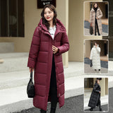 Women's Super Long Down Jacket, Winter Puffer Thick Coat, Black Red Hooded Zippered Warm Fall Winter Casual Clothes