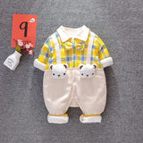 Check Panel Bodysuit, Plaid Bear Thin Cotton Romper