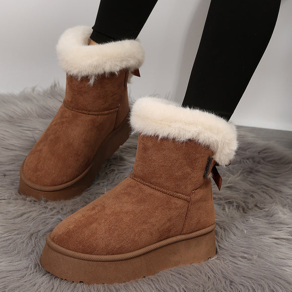 Bow-knot Snow Winter Plus Velvet Warm Thick-soled Ankle Boots for Women, Simple Daily Leisure Cotton Shoes