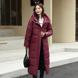 Women's Super Long Down Jacket, Winter Puffer Thick Coat, Black Red Hooded Zippered Warm Fall Winter Casual Clothes