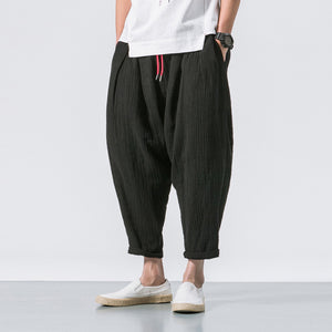 Fashion Bloomers, Cotton and Linen Pleated, Solid Color Trousers