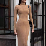 Knitted Turtleneck Tight European, American and French Style Elegant Bottoming Striped Elegant Dress