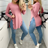 Women's Solid Color Round Neck Loose Sunken Stripe Slit Long-sleeved T-shirt