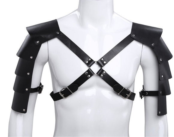 Performance Suit, Muscular Man Leather Body Corset, Strapped Shoulder Armor