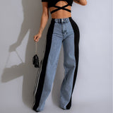 2024 Fashion, Casual High Waist Elastic Straight Leg Trousers, Three Stripe Patchwork Denim Wide Leg Pants Streetwear