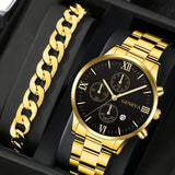 Men's New Popular Steel Strip, Fashion Business Three Eye Quartz Watch Bracelet Set, Valentine's Day Gifts