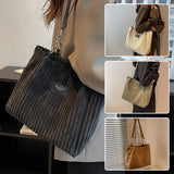 Retro Large Capacity Shoulder Bag, Casual Simple Portable Shopper Tote Bag, Corduroy Solid Commuter Zipper Women's Handbag