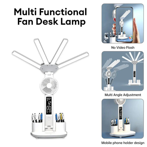 3-in-1 Multifunction Table Lamp LED Four-headed Folding Fan, USB Rechargeable Desk Light Calendar Clock