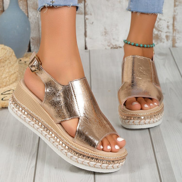 Summer Shiny Hollow Design, Fish Mouth Sandals for Women, Fashion Buckle Wedges Shoes