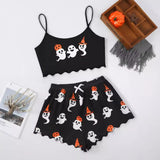 Halloween Pumpkin Print Sleeveless Sling Top Shorts, Home Wear Pajamas