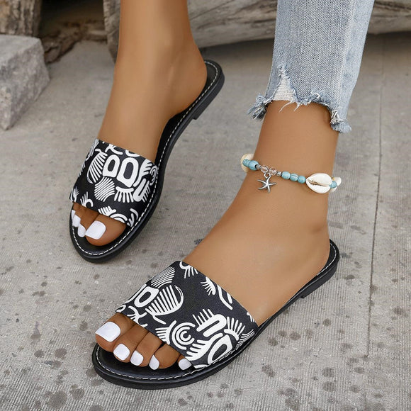 New Fashion Graffiti Print Sandals for Women, Summer Round Toe Low Heel Flat Slippers, Ladies' Slides Casual Beach Shoes