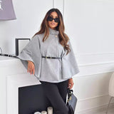 New Stand Collar Batwing Sleeves Cloak Top with Belt, INS Fashion Temperament Jacket, Woolen Sweater Outwear, Women's Clothing