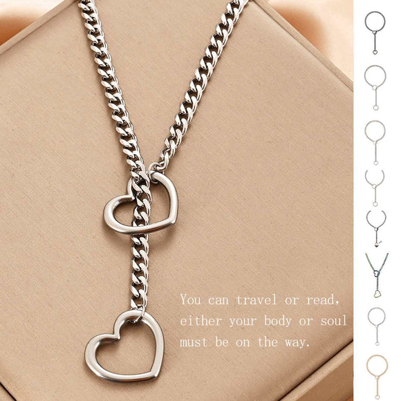 Stainless Steel Lariat Heart Necklace, Personality Heavy Ring Cuban Long Chain, Punk Rock Slipchain Choker Collar for Women and Men