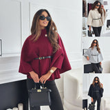 New Stand Collar Batwing Sleeves Cloak Top with Belt, INS Fashion Temperament Jacket, Woolen Sweater Outwear, Women's Clothing