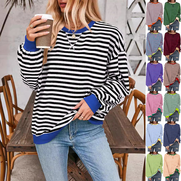 Loose Striped Long Sleeved T-shirt, Casual Pullover Sweater for Women