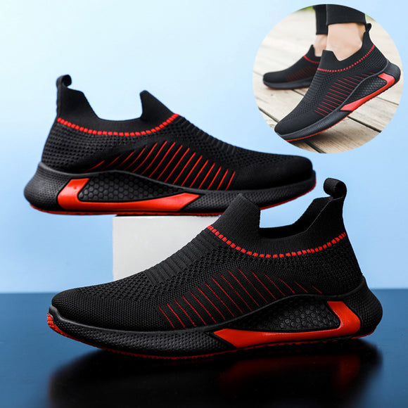 Fashion Mesh Sock Shoes with Striped Design, Men's Outdoor Breathable Slip-on Sneakers, Casual Lightweight Running Sports Boots