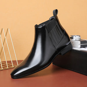 Pointed Toe Chelsea-style Boots for Men, Fashion British Style Square Heel Business Formal Leather Shoes