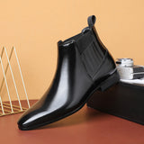 Pointed Toe Chelsea-style Boots for Men, Fashion British Style Square Heel Business Formal Leather Shoes