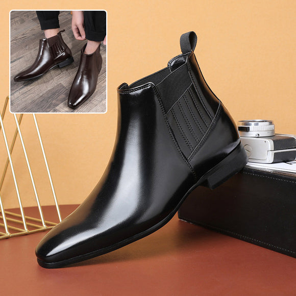 Pointed Toe Chelsea-style Boots for Men, Fashion British Style Square Heel Business Formal Leather Shoes