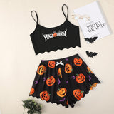 Halloween Pumpkin Print Sleeveless Sling Top Shorts, Home Wear Pajamas