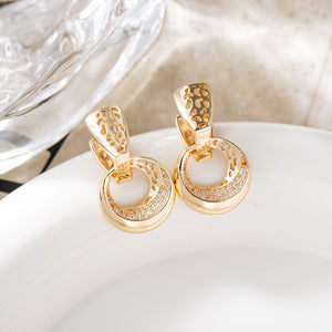 Luxury Hollow Round Moon Rose Gold Silver Color Drop Earrings for Women, Micro-wax Inlay Natural Zircon Flower Bridal Wedding Daily Jewelry for Ladies